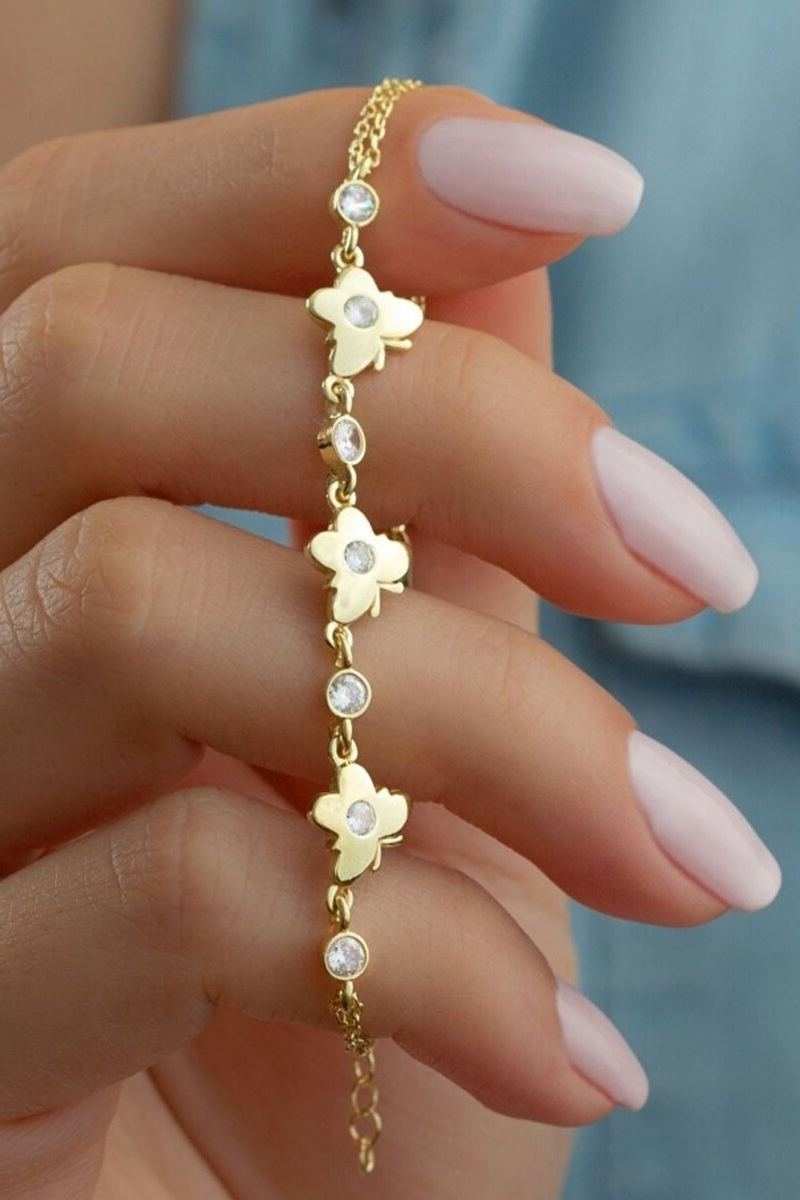 925 Ayar Gümüş Gold 3'lü Kelebek Zirkon Taşlı Bileklik