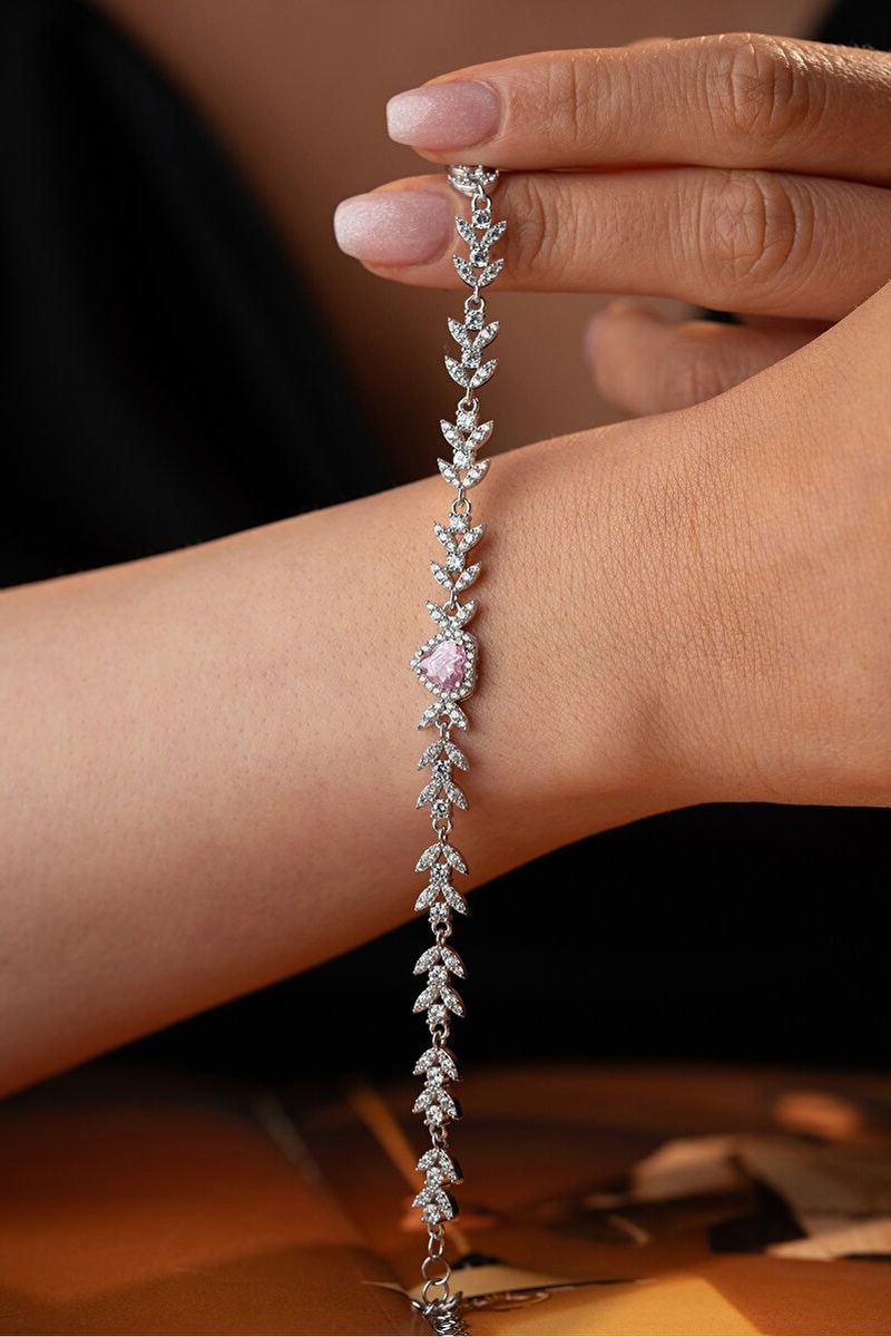 925 Ayar Gümüş Yaprak Model Pembe Taski Kalpli Model Bileklik