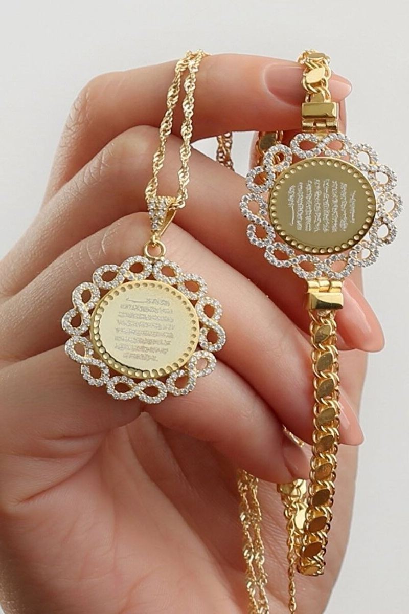925 Ayar Gümüş Ayetel Kürsi Yazılı Kolye Bileklik Set