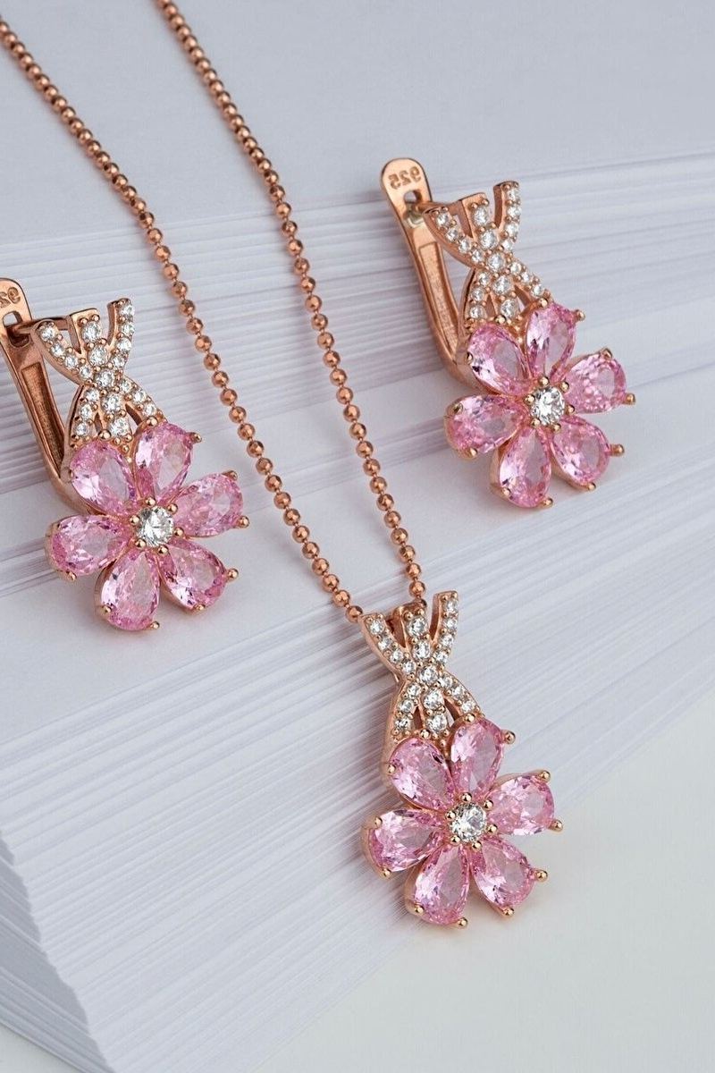 925 Ayar Gümüş Lotus Çiçeği Kolye Küpe Takı Seti