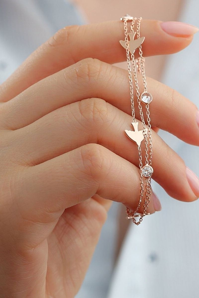 925 Ayar Gümüş Rose Kuş Figürlü Trend Bileklik