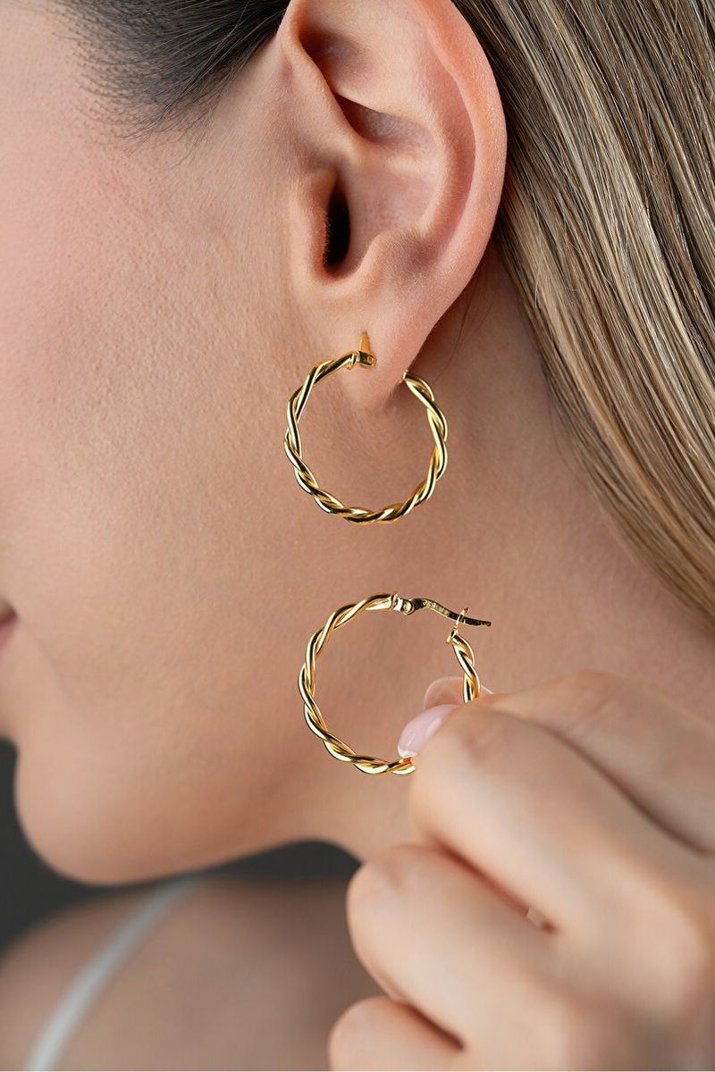 925 Ayar Gümüş 28 mm Gold Telkari Burgu Halka Küpe