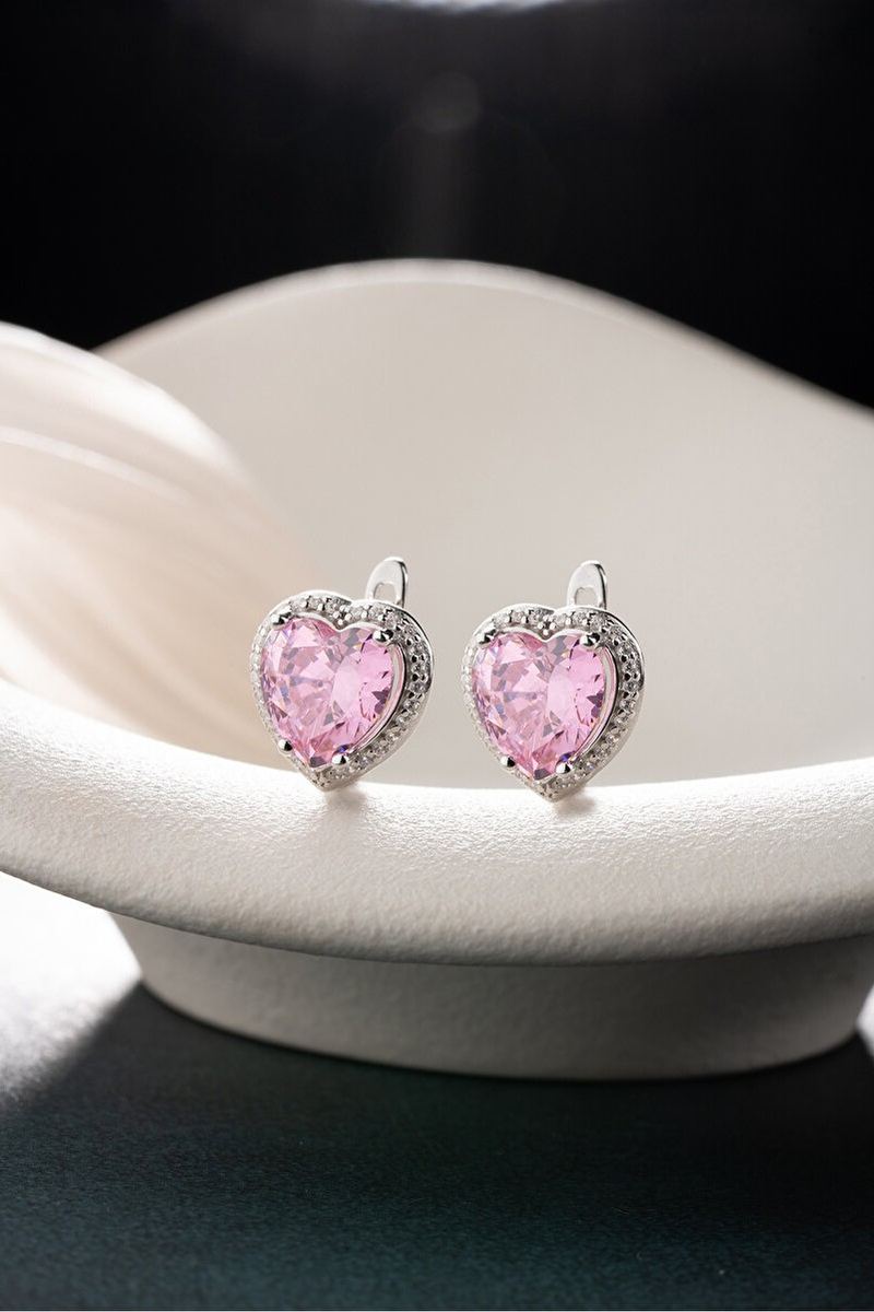 925 Ayar Gümüş Pembe Kalp Işıltısı Küpe