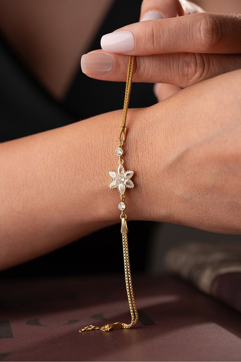 925 Ayar Gümüş İtalyan Zincirli Lotus Çiçeği 14 K Kaplama Bileklik