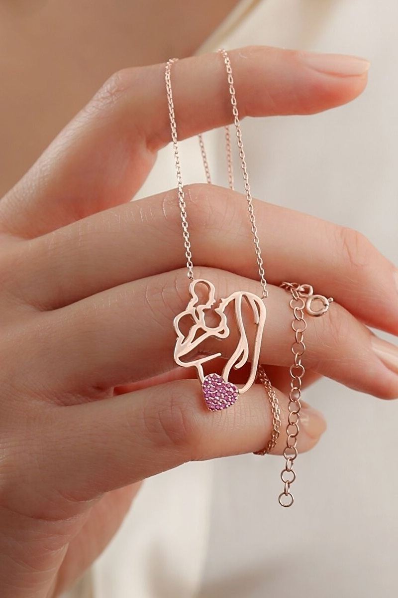 925 Ayar Gümüş Kalpli Anne Bebek Rose Kolye