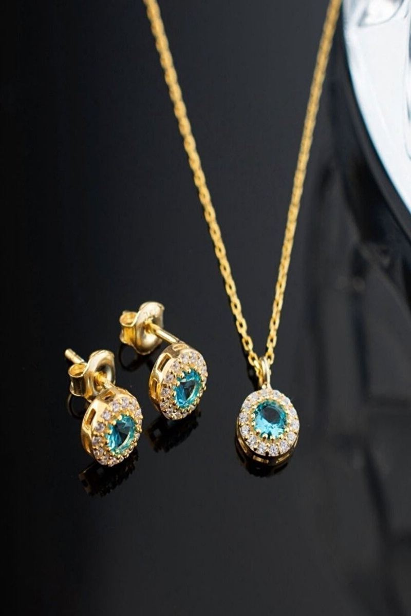 925 Ayar Gümüş Aralık Ayı Doğum Taşı Blue Topaz Kolye Küpe Seti
