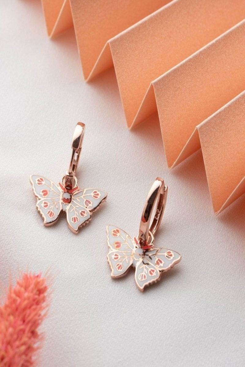 925 Ayar Gümüş Rose Mineli Beyaz Kelebek Küpe