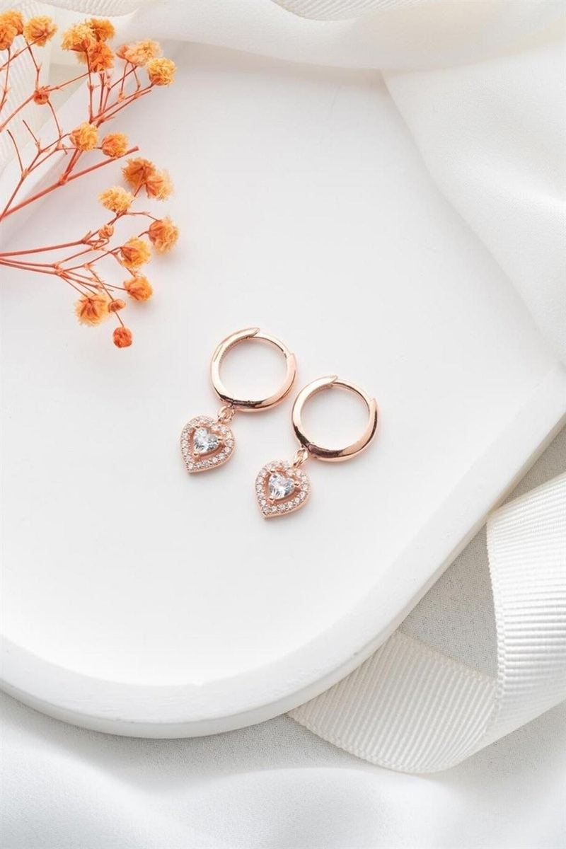 925 Ayar Gümüş Rose Sallantılı Kalp Küpe