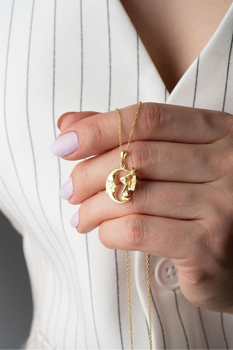 925 Ayar Gümüş Gold Perili Hilal Kolye