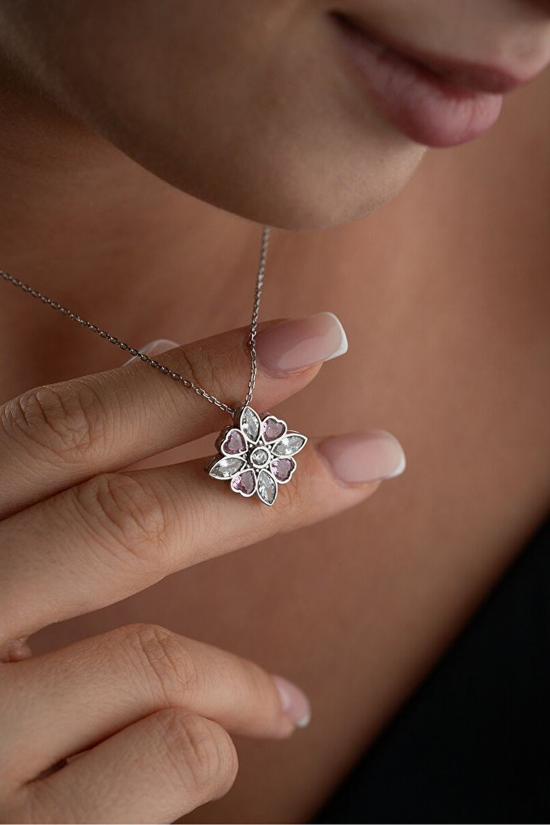 925 Ayar Gümüş Pembe Taşlı Manolya Çiçeği Kolye