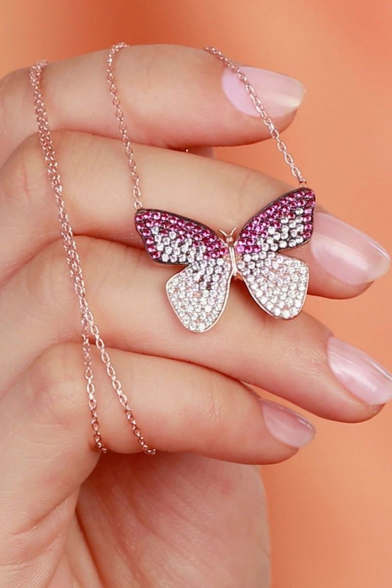 925 Ayar Gümüş Rose Pembe Taşlı Kelebek Kolye