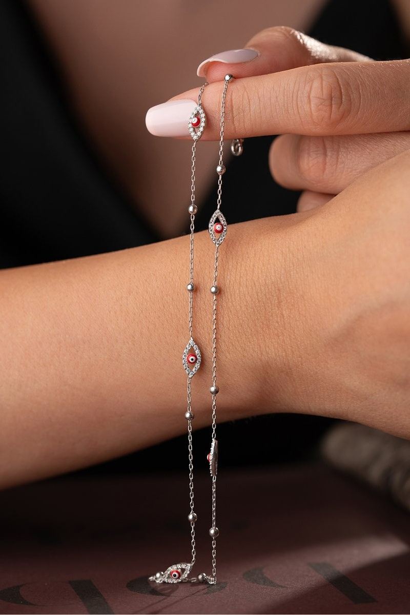 925 Ayar Gümüş Kırmızı Göz Mineli Çift Zincirli Bileklik