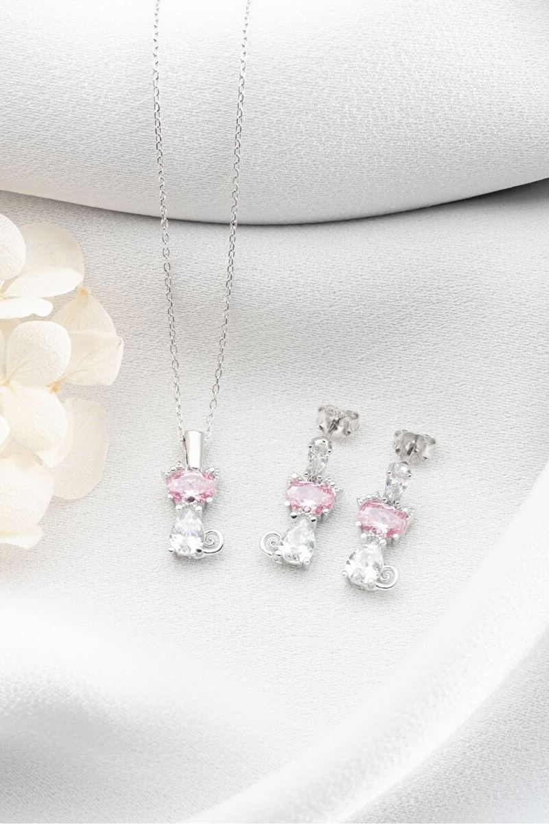 925 Ayar Gümüş Pembe Taşlı Kedi Kolye Küpe Seti
