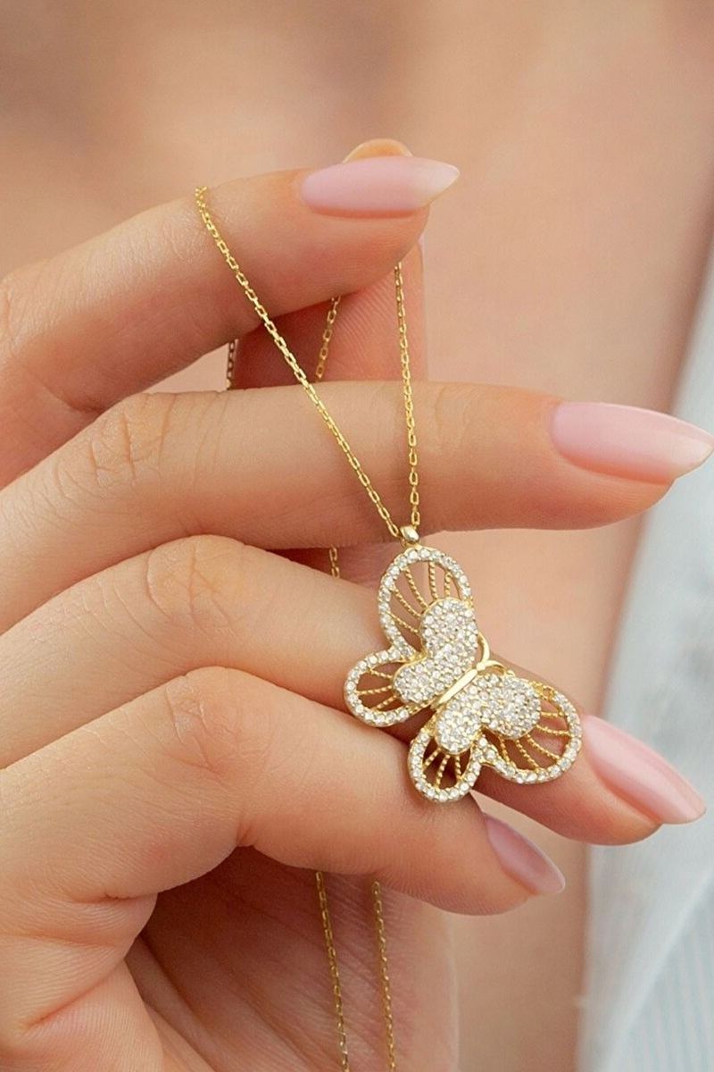 925 Ayar Gümüş Gold Çiftli Kelebek Kolye