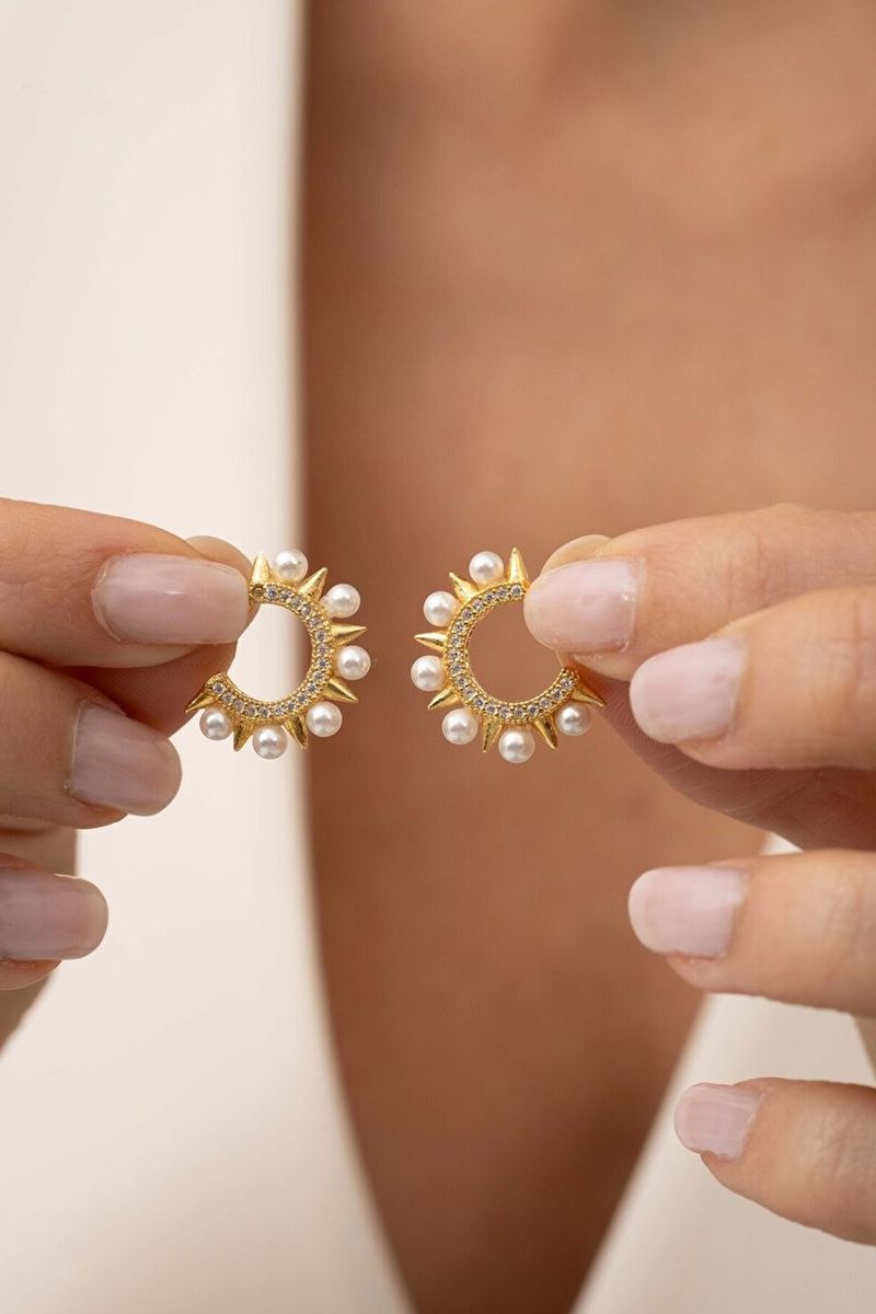 925 Ayar Gümüş Gold İncili Küpe