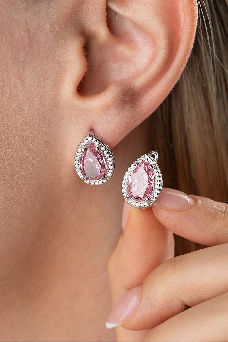925 Ayar Gümüş Zirkon Taşlı Pembe Damla Model Küpe