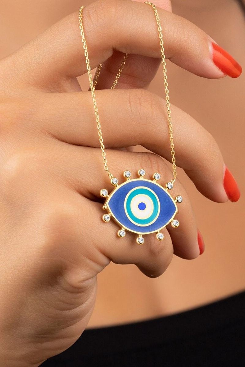 925 Ayar Gümüş Gold Taşlı Mineli Nazar Kolye