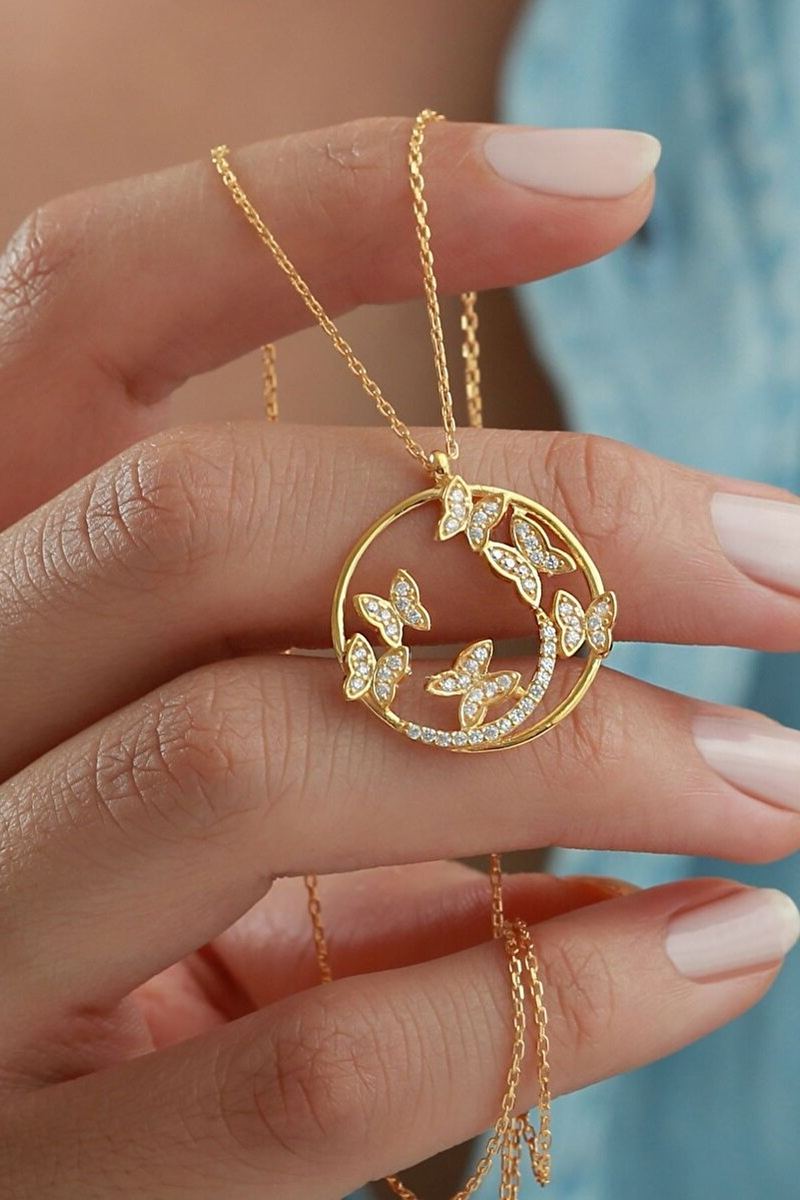 925 Ayar Gümüş Gold Kelebekli Halka Kolye