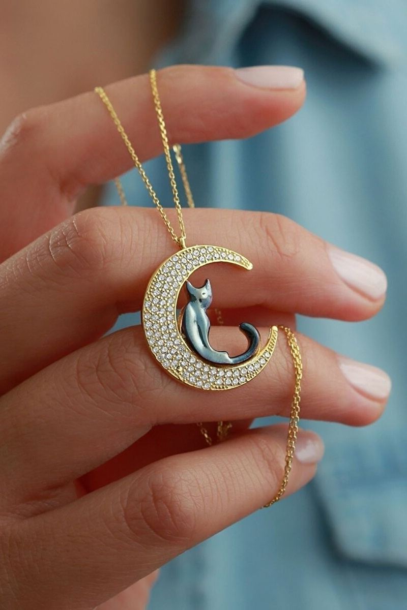 925 Ayar Gümüş Gold Zirkon Taşlı Kedicik Ay Kolye