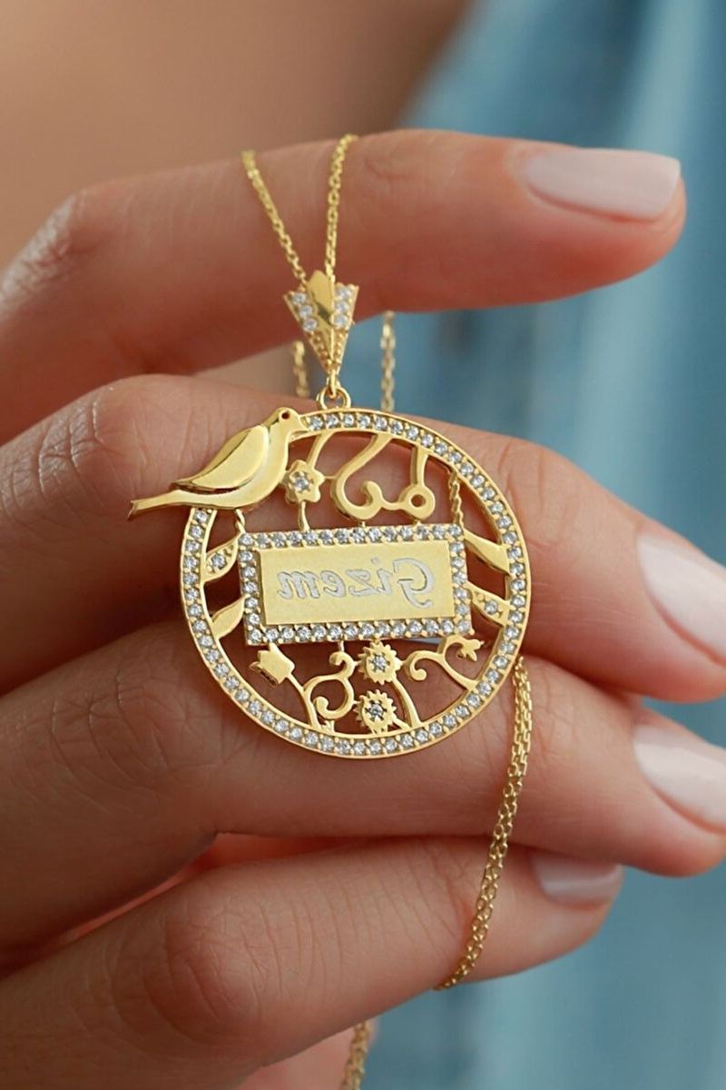 925 Ayar Gümüş İsimli Kuşlu Kolye
