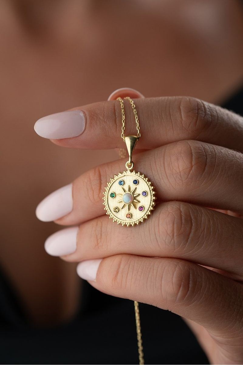 925 Ayar Gümüş Opal Taşlı Cakra Model Madalyon Şans Kolye