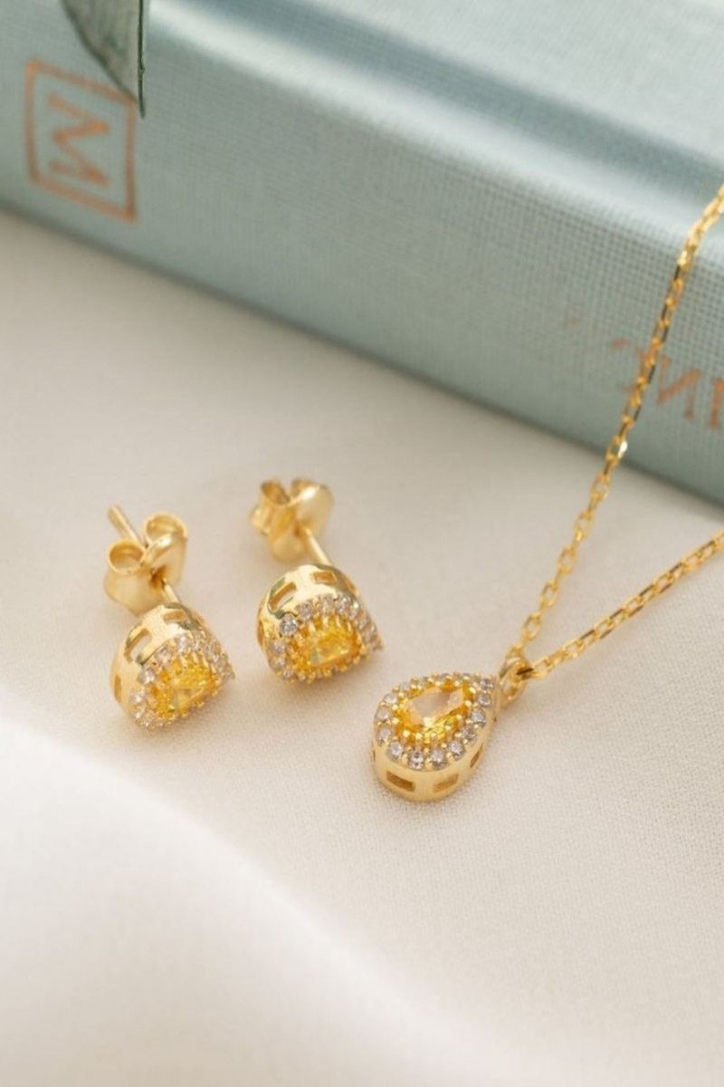 925 Ayar Gümüş Kasım Ayı Doğum Taşı Citrine Damla Kolye