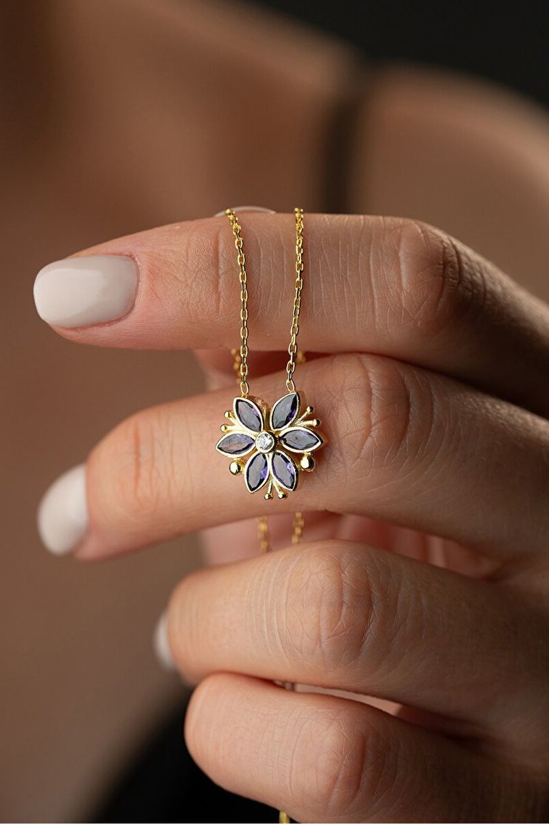 925 Ayar Gümüş Mıknatıslı Mor Taşlı Lotus Kolye