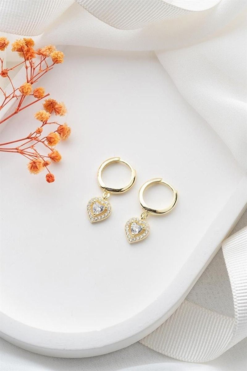 925 Ayar Gümüş Gold Sallantılı Kalp Küpe