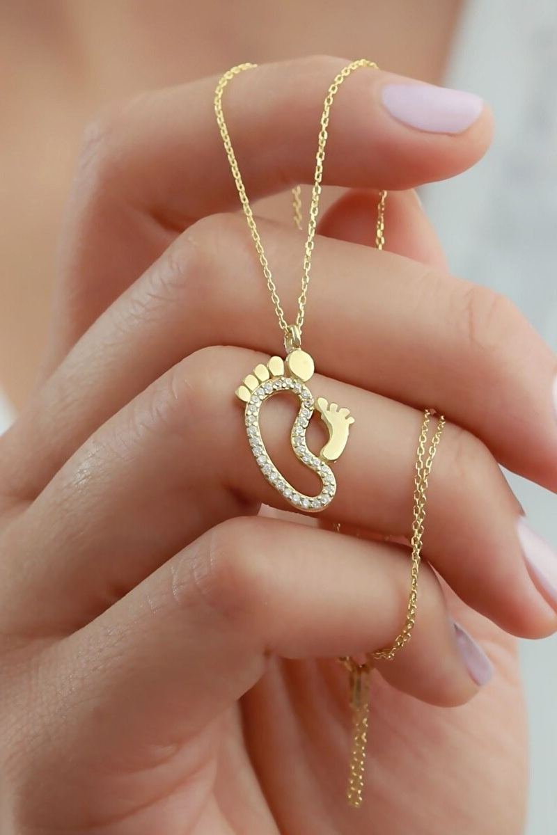925 Ayar Gümüş Gold Ayak İzi Kolye