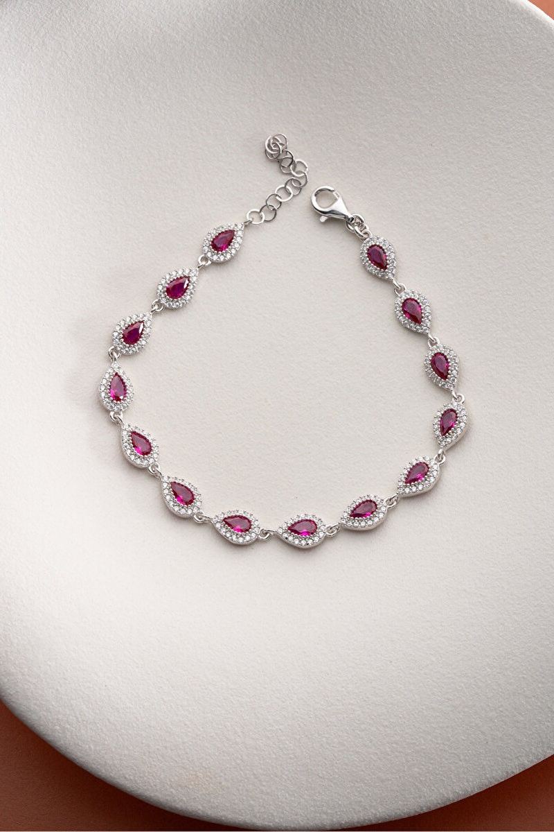 925 Ayar Gümüş Kırmızı Ruby Taşlı Damla Model Bileklik