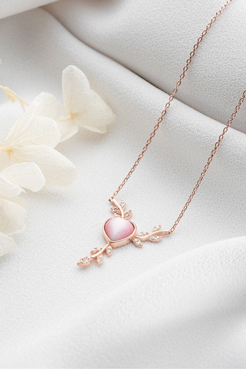 925 Ayar Gümüş Rose Daldaki Kalp Kolye