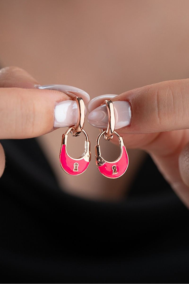 925 Ayar Gümüş Pembe Mineli Kilit Küpe