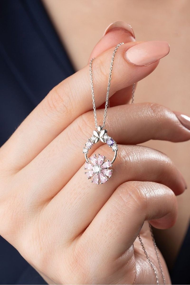 925 Ayar Gümüş Pembe Çiçekli Dönen Kolye