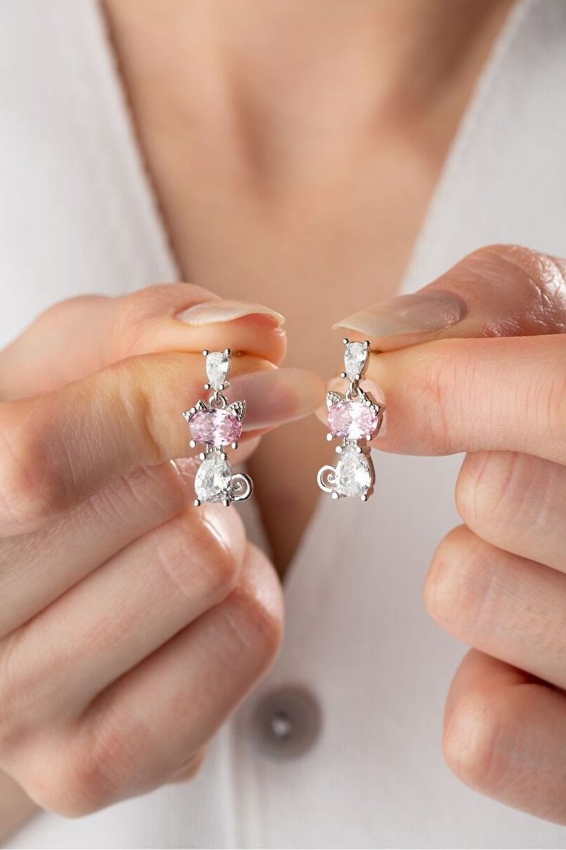 925 Ayar Gümüş Pembe Taşlı Kedi Küpe