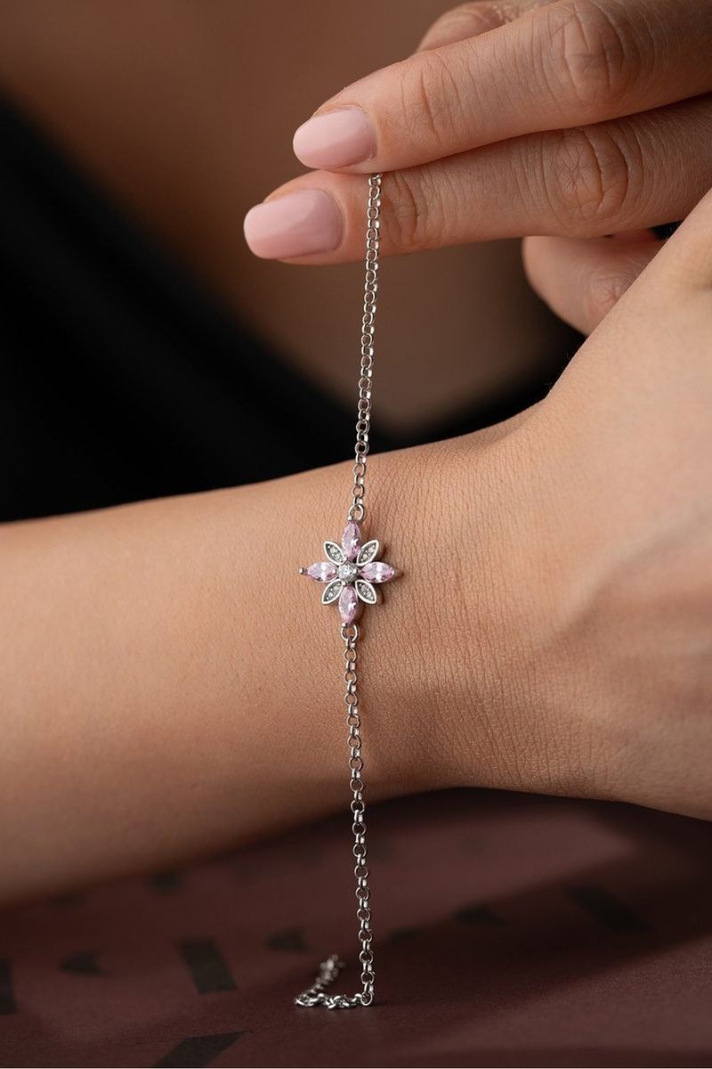 925 Ayar Gümüş Pembe Taşlı Çiçek Bileklik