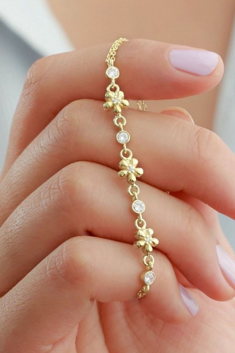 925 Ayar Gümüş Gold Çiçek Zirkon Taşlı Bileklik
