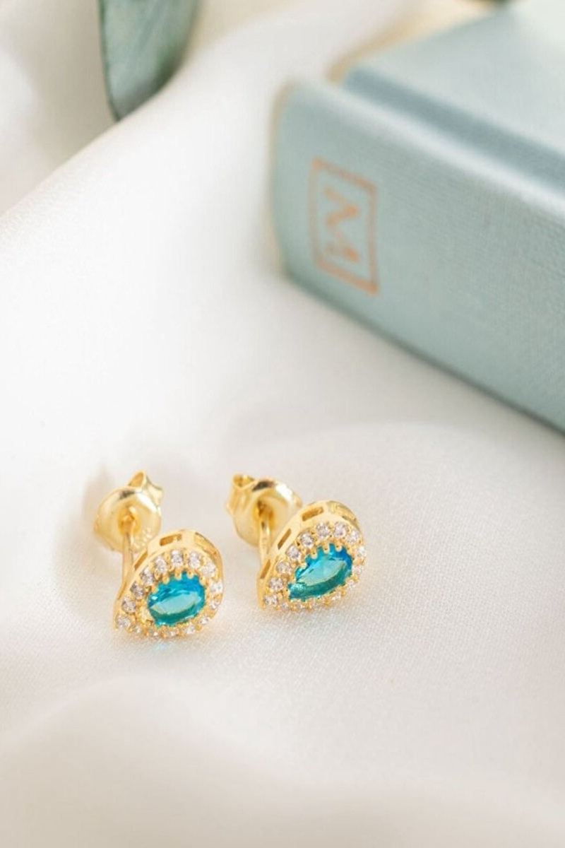 925 Ayar Gümüş Gold Zirkon Taşlı Yuvarlak Aralık Ayı Blue Topaz Küpe