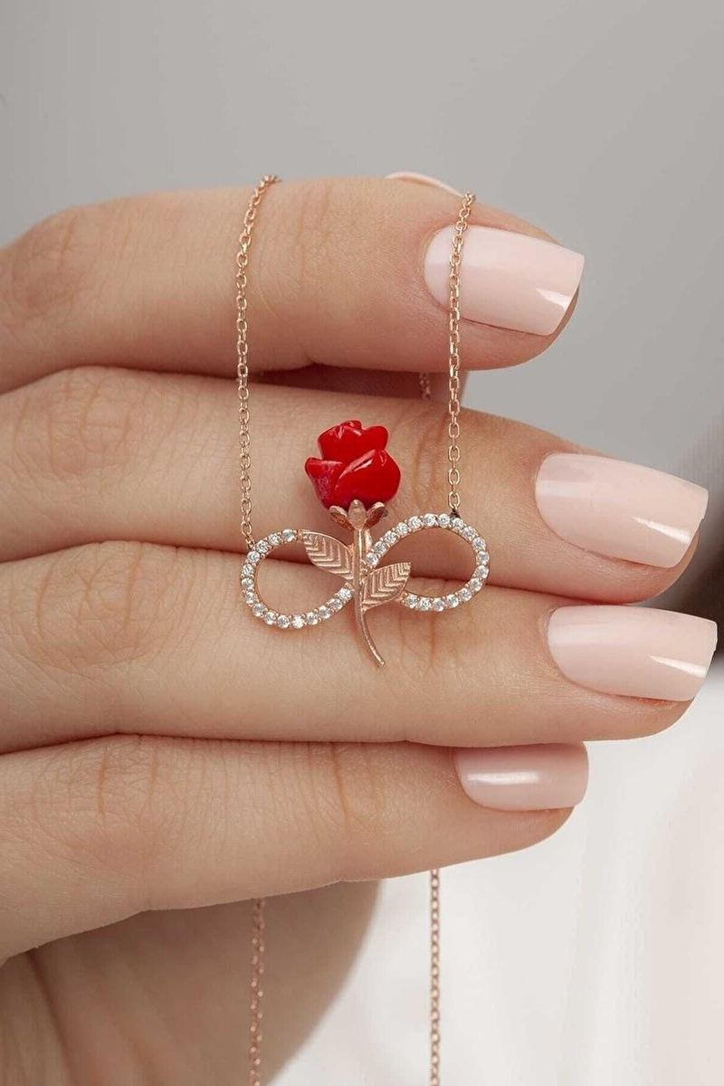925 Ayar Gümüş Güllü Sonsuzluk Rose Kolye
