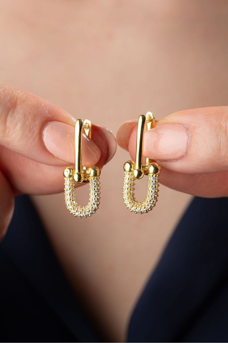 925 Ayar Gümüş Gold Zirkon Taşlı Trend Küpe