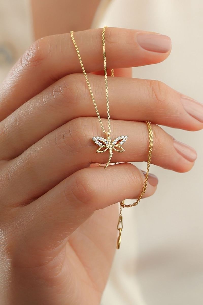 925 Ayar Gümüş Gold Zirkon Taşlı Minimal Yusufçuk Kolye