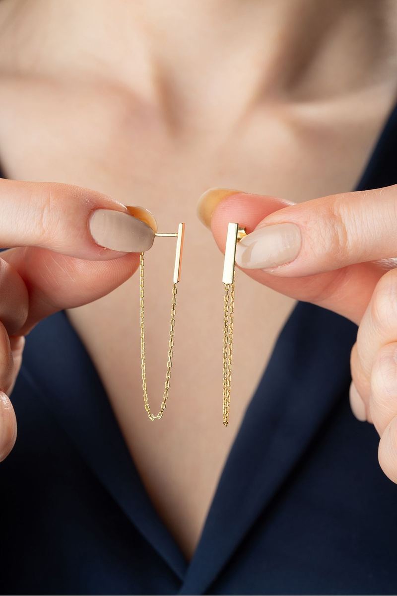 925 Ayar Gümüş Gold Zincir Küpe