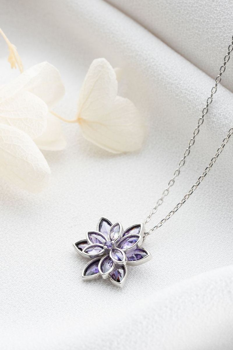 925 Ayar Gümüş Mor Lotus Çiçeği Kolye görsel 2