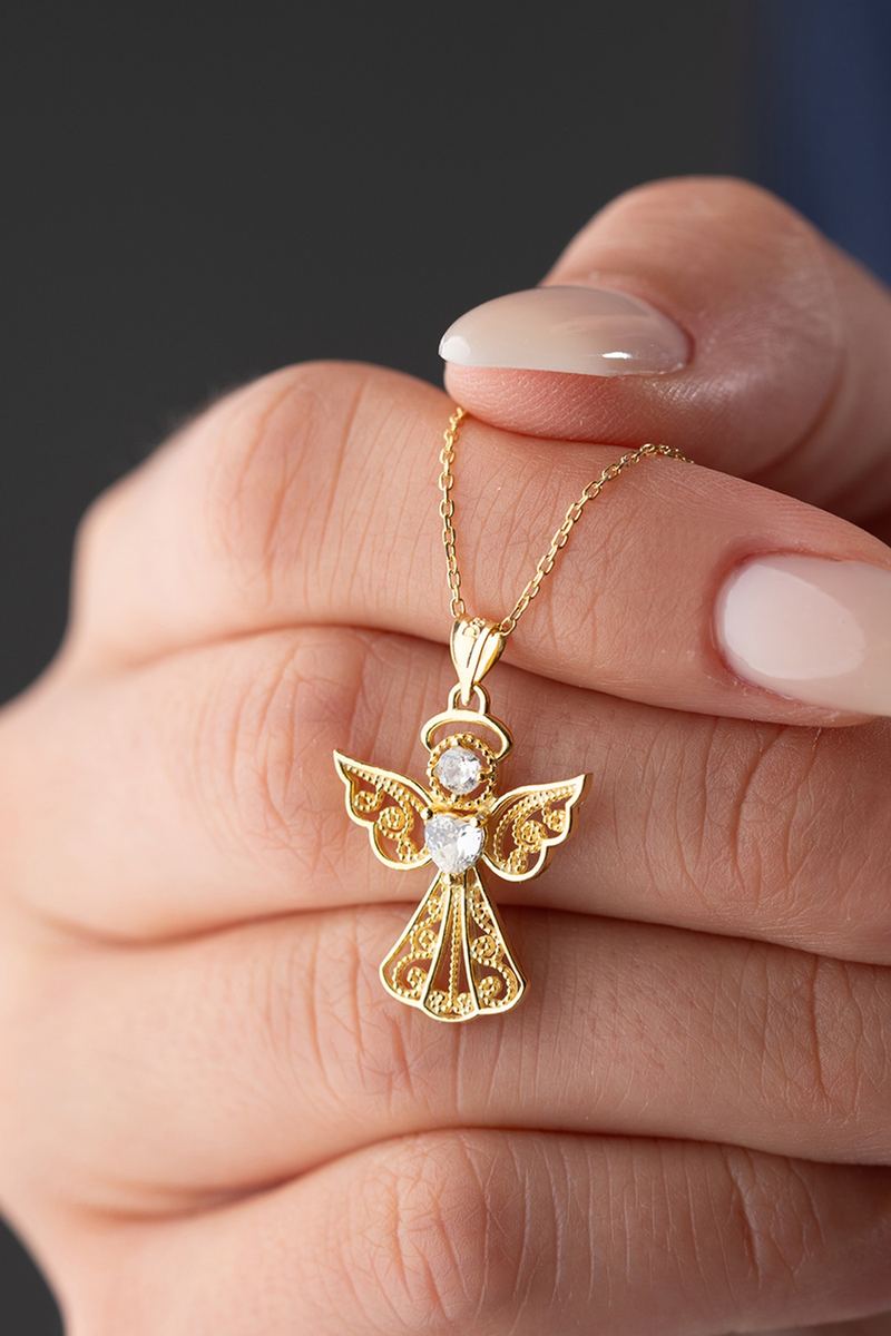 925 Ayar Gümüş Gold Kalp Tektaş Melek Kolye görsel 2