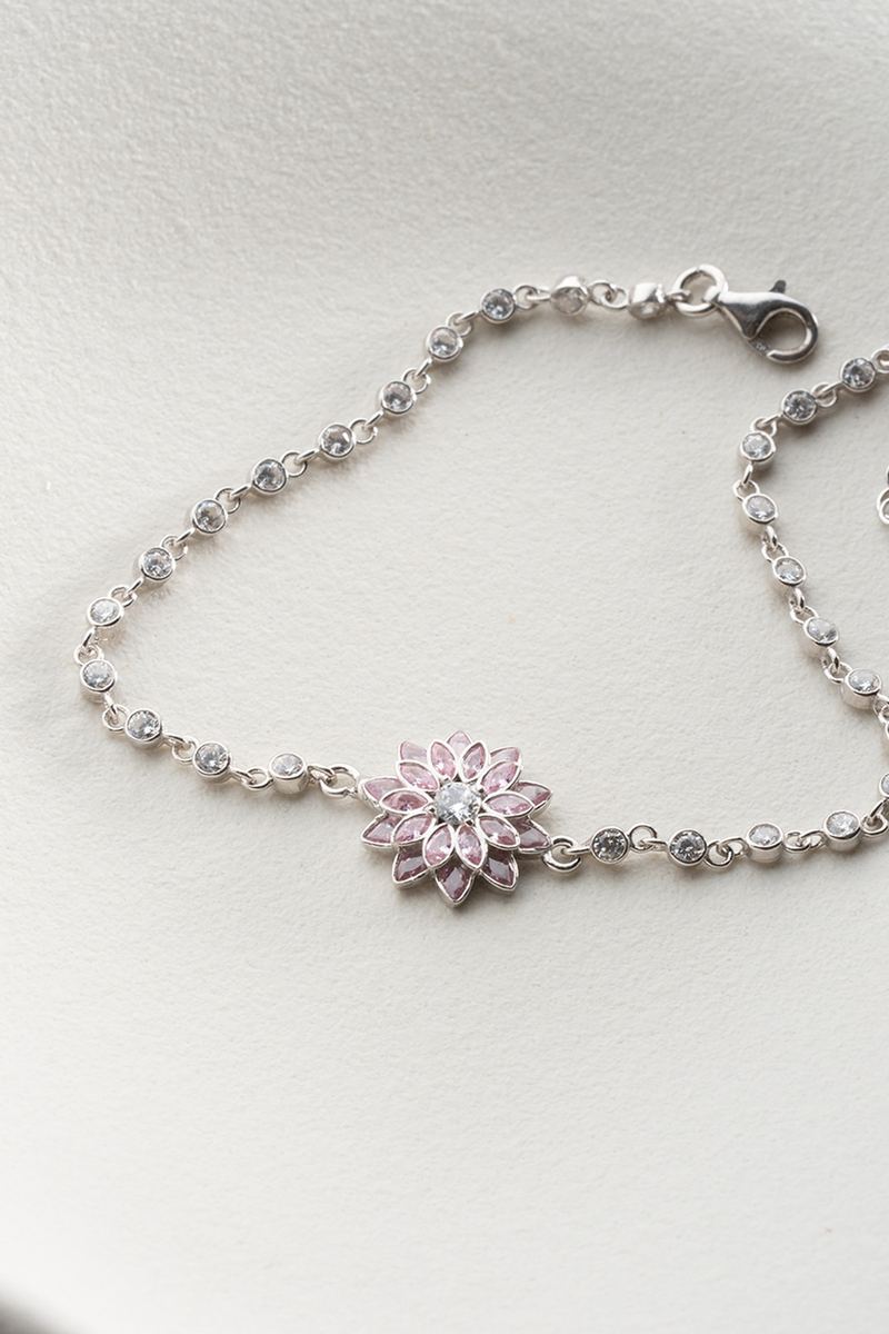 925 Ayar Gümüş Pembe Taşlı Lotus Çiçeği Su Yolu Bileklik görsel 2