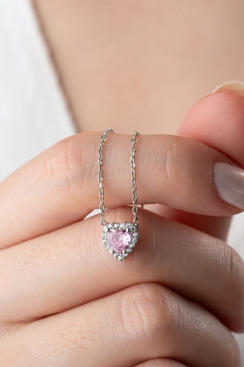 925 Ayar Gümüş Zirkon Taşlı Pembe Kalp Kolye görsel 2