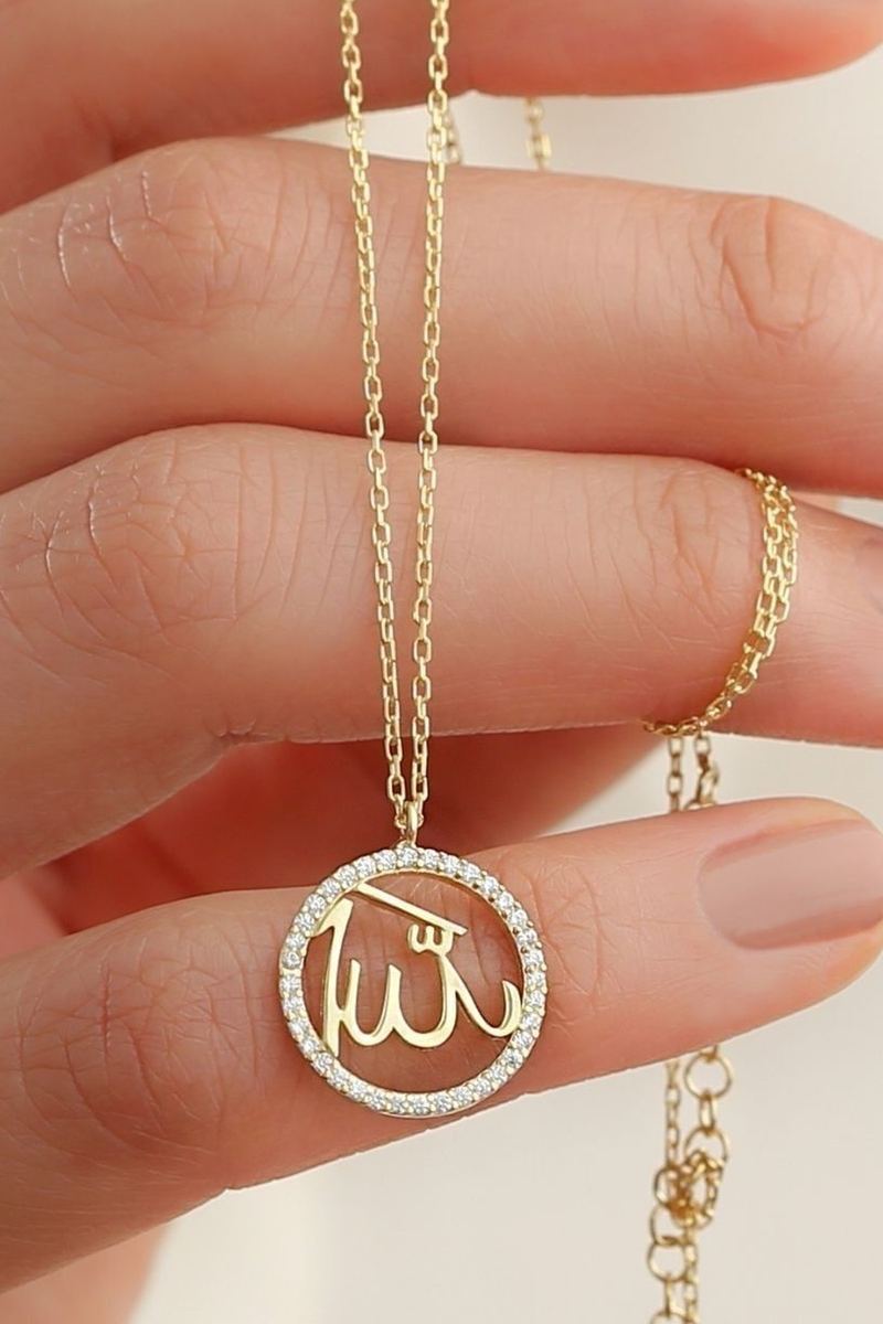 925 Ayar Gümüş Allah Yazılı Taşlı Gold Kolye görsel 2