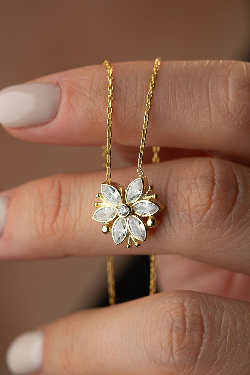 925 Ayar Gümüş Mıknatıslı Beyaz Taşlı Lotus Kolye görsel 2