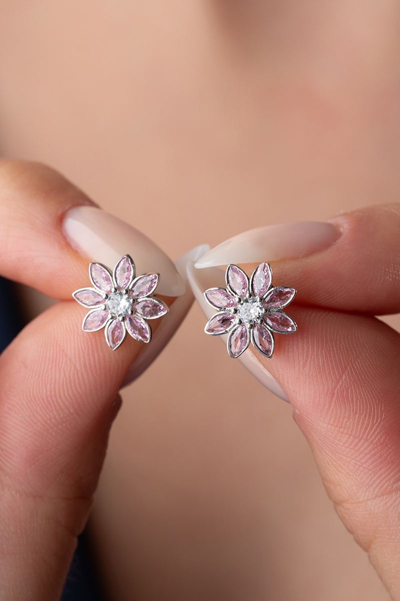 925 Ayar Gümüş Pembe Taşlı Lotus Küpe görsel 2