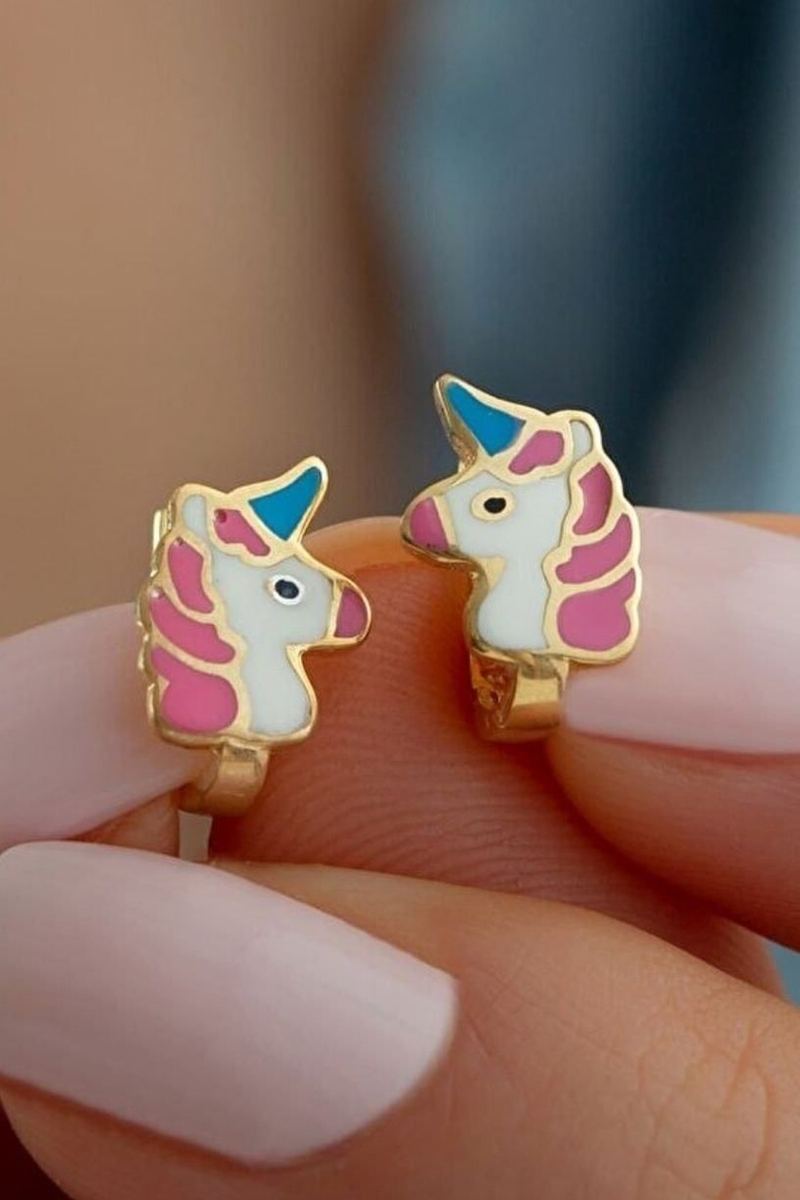 925 Ayar Gümüş Gold Mineli Unicorn Küpe görsel 2