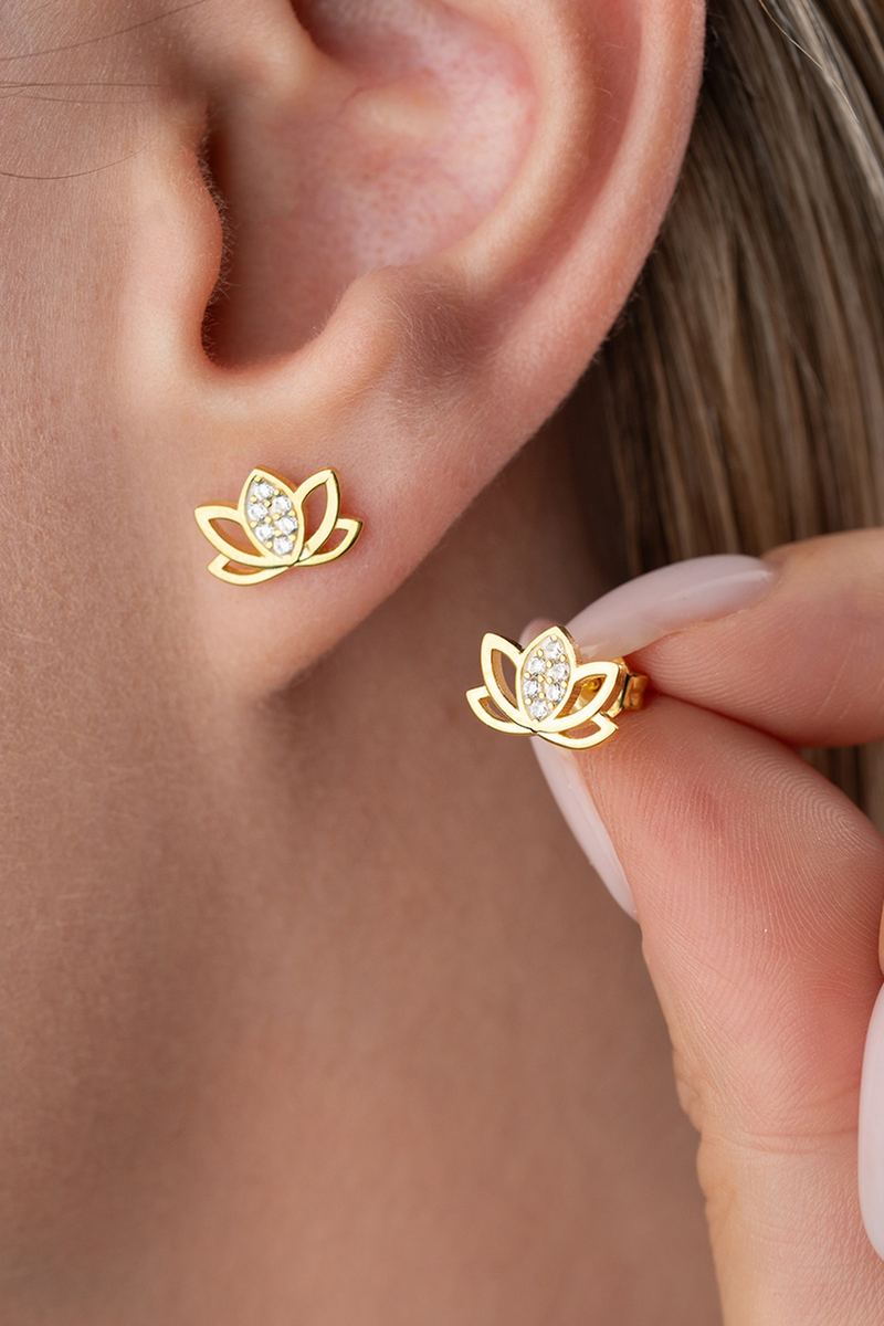 925 Ayar Gümüş Gold Kaplama Lotus Çiçeği Küpe görsel 2